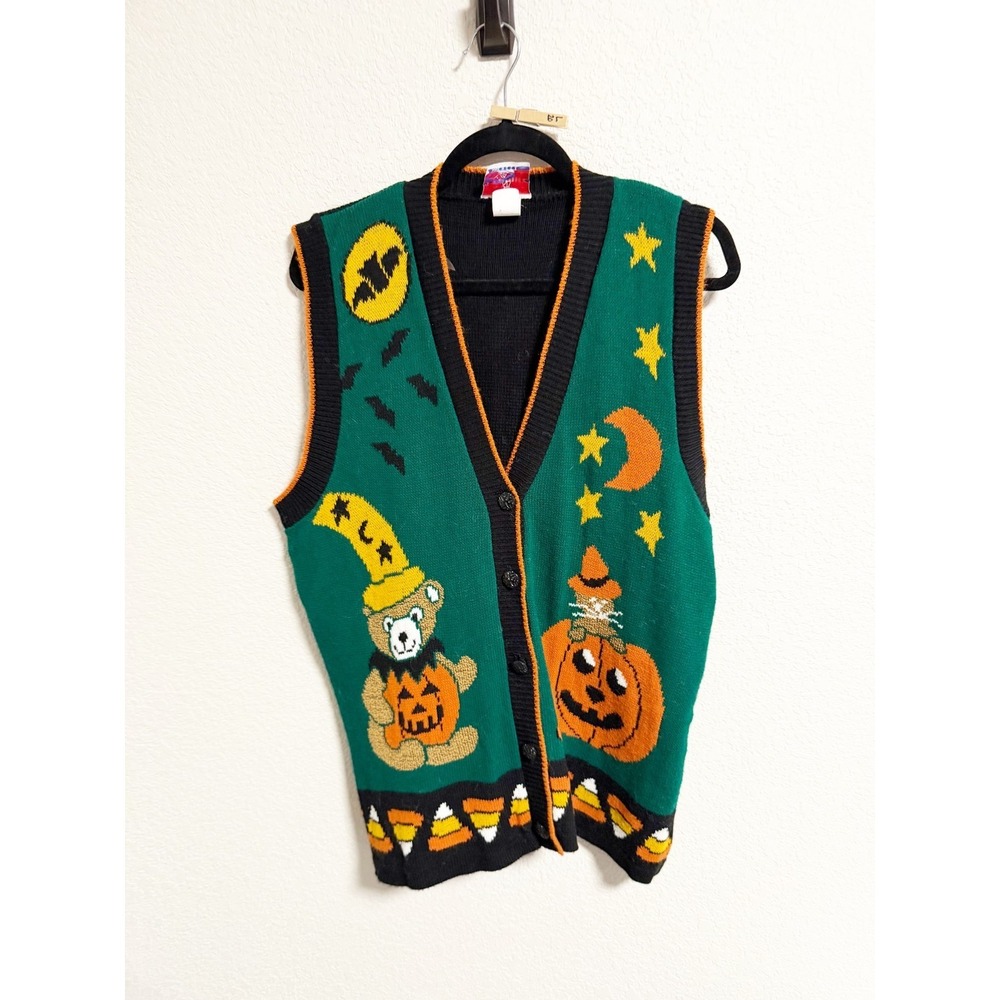 J.J. Poole Vintage 90s Halloween Sweater Vest Pumpkin Bear Cat Candy Corn Medium - Picture 2 of 6